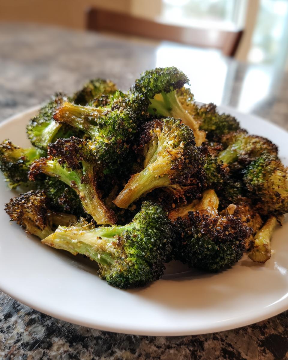 A close-up of perfectly crispy and slightly charred roasted broccoli on a white plate.
