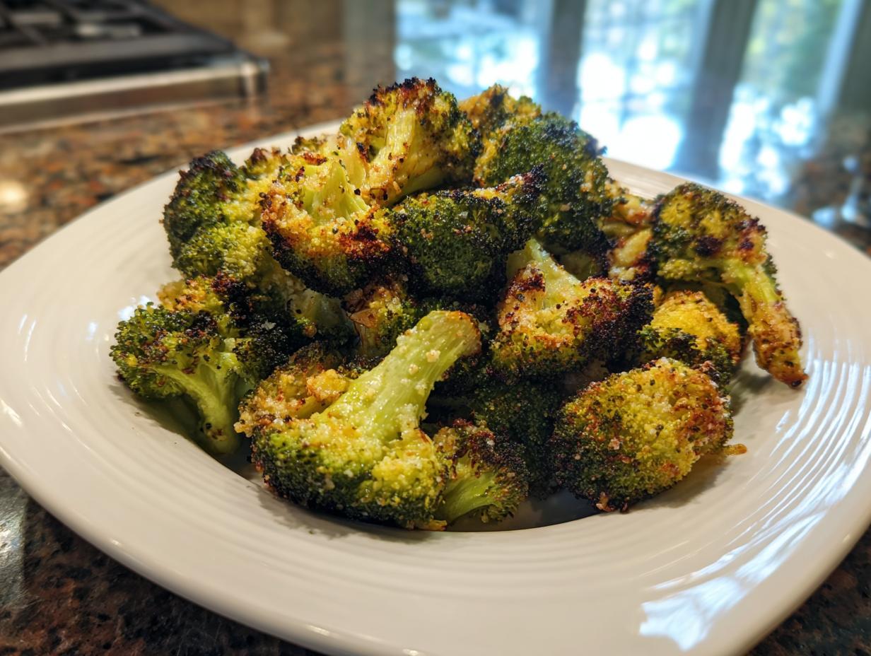 A white bowl filled with perfectly roasted broccoli florets, showing crispy, slightly charred edges and a light coating.