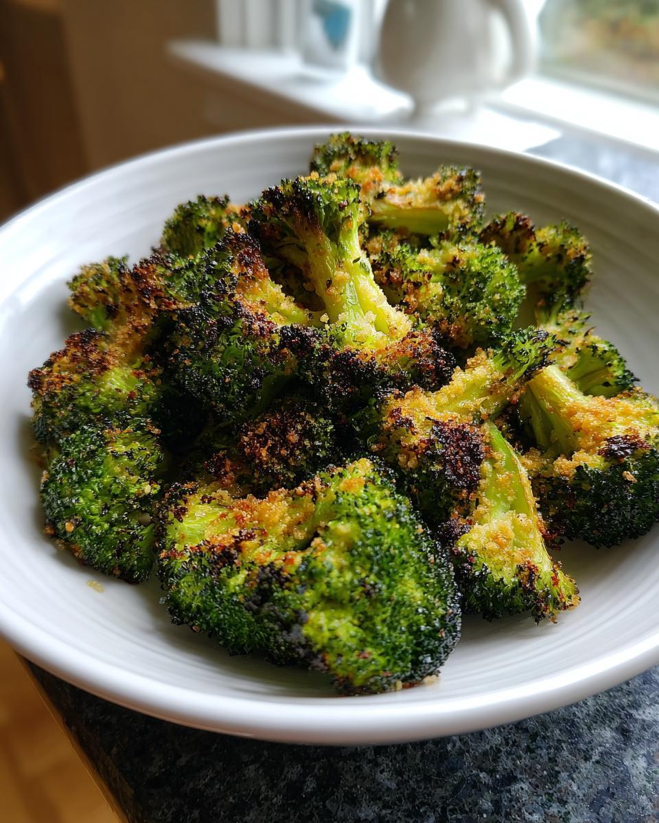 Close-up of perfectly roasted broccoli florets coated in a crispy, browned topping served in a white bowl.
