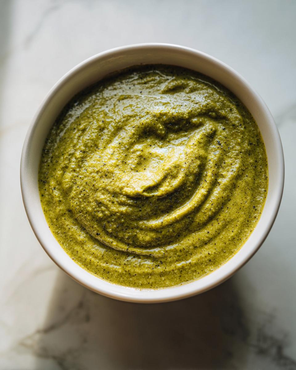 Overhead view of thick, vibrant green roasted broccoli soup swirled in a white bowl.