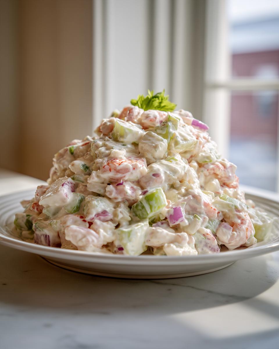 A tall mound of creamy seafood salad featuring shrimp, celery, and red onion, garnished with celery leaves.