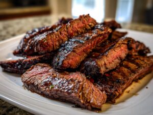 Close-up of perfectly cooked and sliced skirt steak, showing a medium-rare center and a dark, glazed exterior.