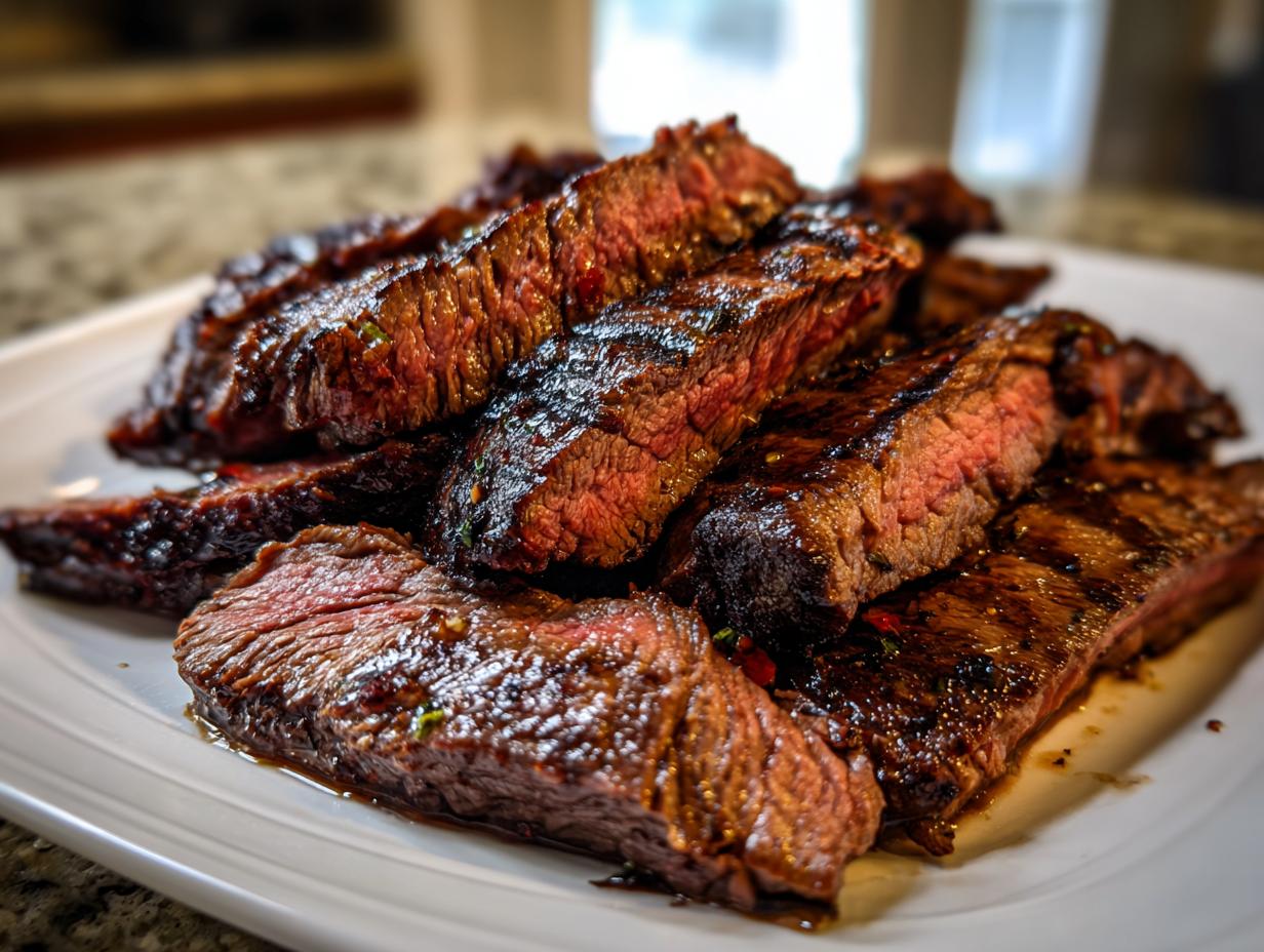 Close-up of perfectly cooked and sliced skirt steak, showing a medium-rare center and a dark, glazed exterior.
