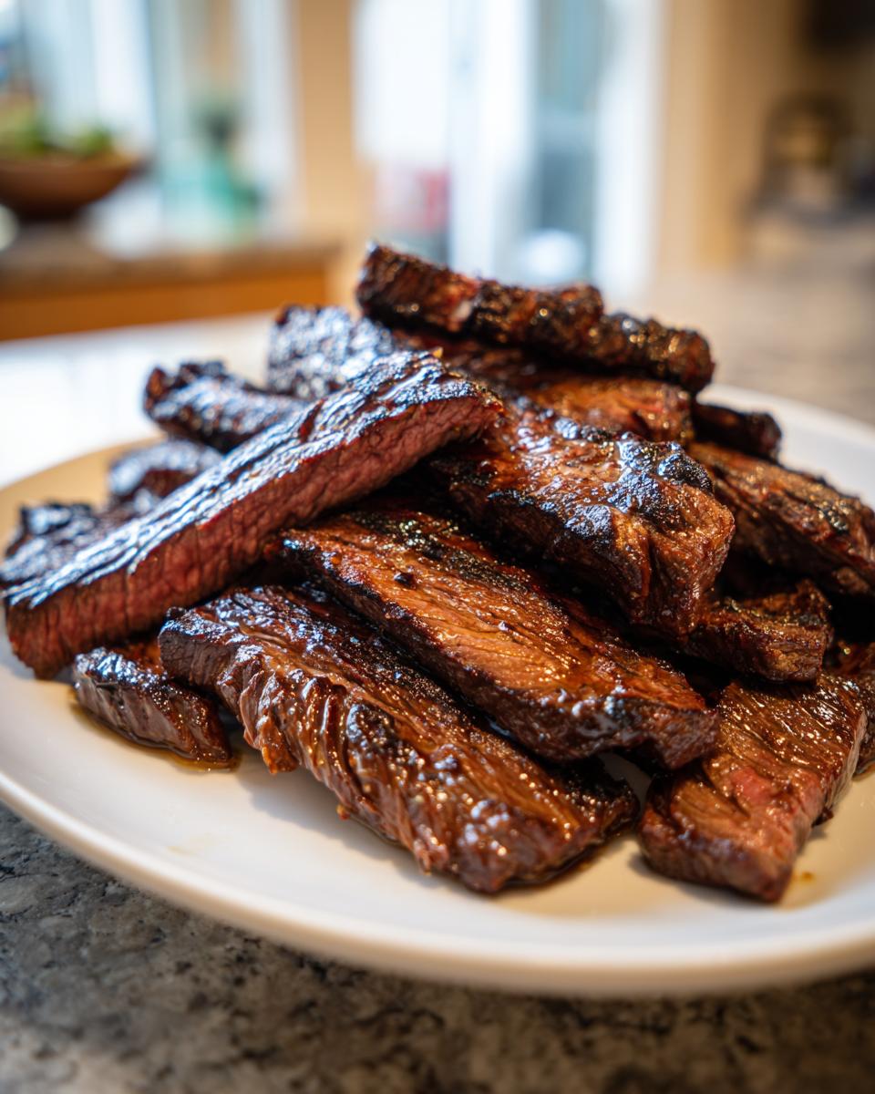 A pile of perfectly cooked and sliced skirt steak pieces with a dark, caramelized glaze on a white plate.