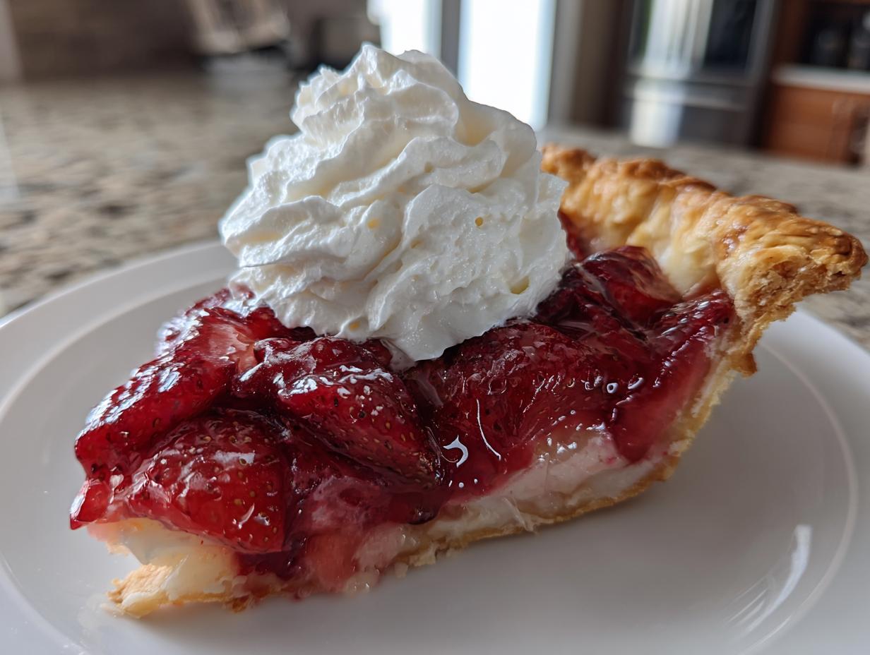 A perfect slice of strawberry pie topped with a generous swirl of whipped cream on a white plate.