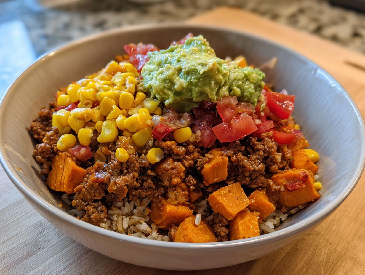 A close-up of an amazing sweet potato taco bowl layered with rice, seasoned meat, roasted sweet potatoes, corn, tomatoes, and guacamole.