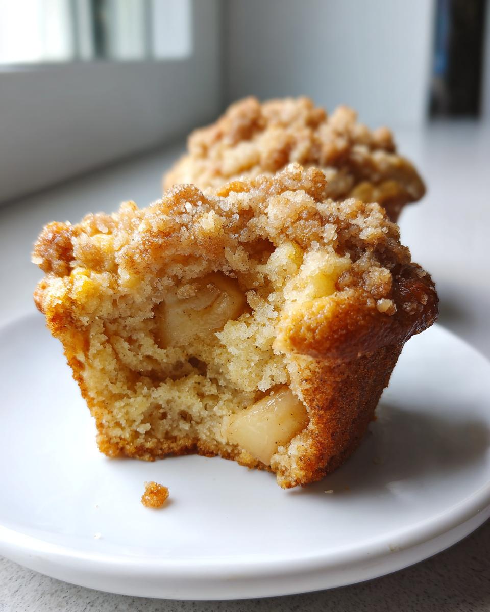 A close-up shot showing a bite taken out of one of the amazing apple cinnamon muffins, revealing soft interior and chunks of apple.