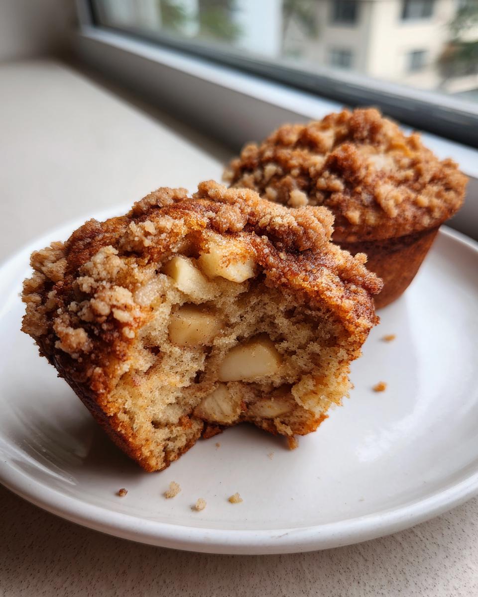 A close-up of a halved apple cinnamon muffin showing chunks of apple inside, topped with streusel.
