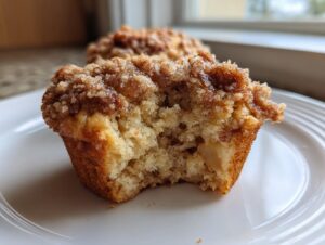 A close-up of an apple cinnamon muffin with a bite taken out, showing the moist interior and sugary crumb topping.