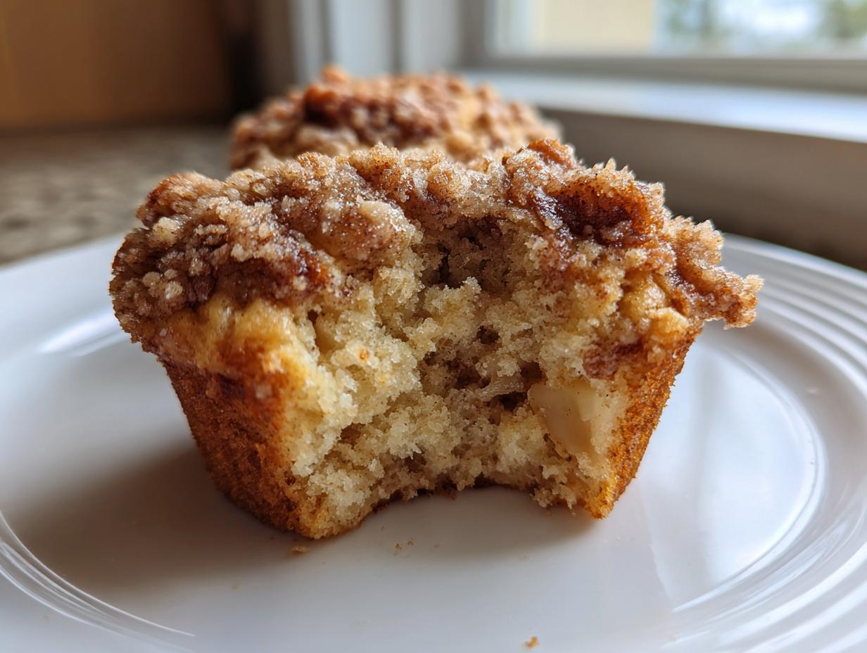 A close-up of an apple cinnamon muffin with a bite taken out, showing the moist interior and sugary crumb topping.