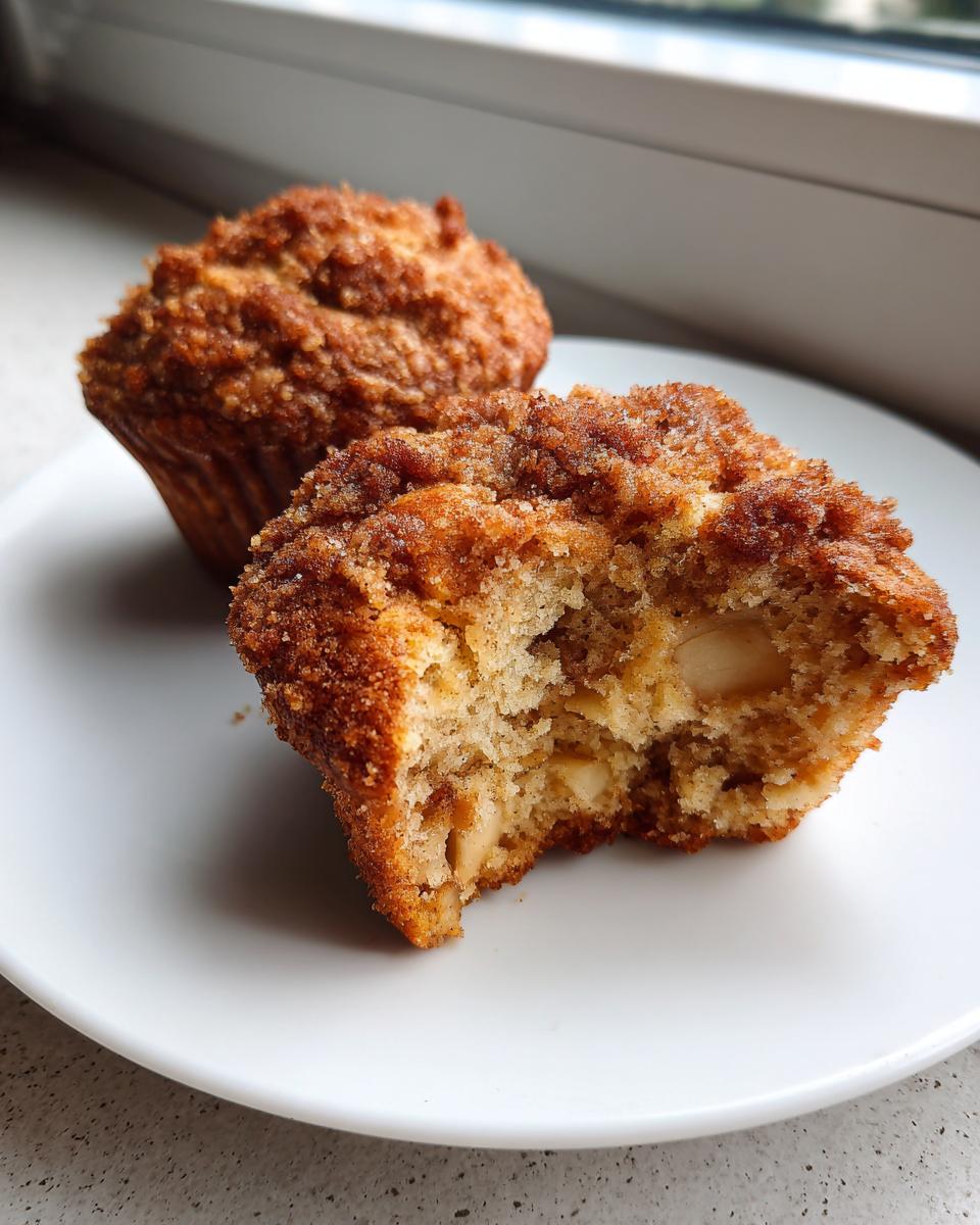 Two delicious apple cinnamon muffins on a white plate, one is broken open showing soft interior and apple chunks.