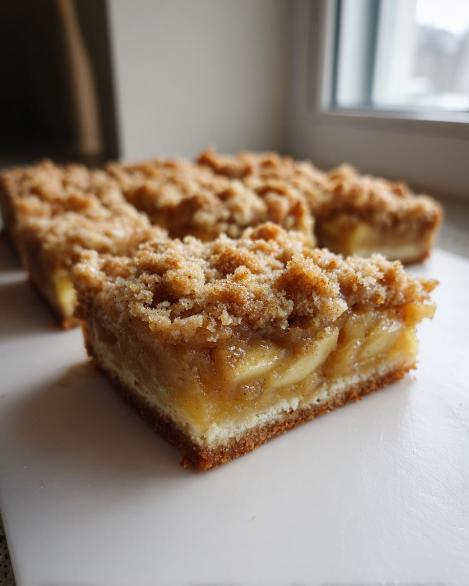 A close-up view of a square slice of apple pie bars showing the thick apple filling and cinnamon streusel topping.