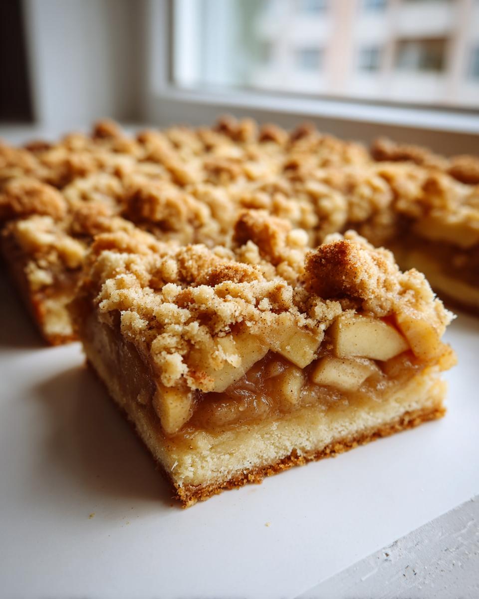 A close-up view of a square serving of apple pie bars showing the thick apple filling and crumbly topping.