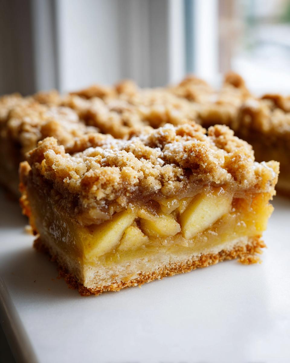 A close-up cross-section of a thick apple pie bars square showing a shortbread crust, thick apple filling, and crumbly topping dusted with powdered sugar.