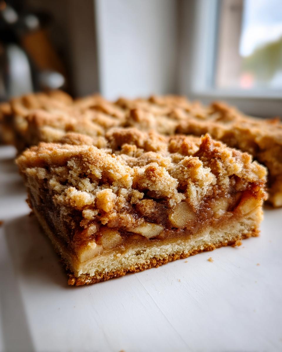 A close-up, macro shot of a single square slice of apple pie bars showing the thick apple filling and crumb topping.