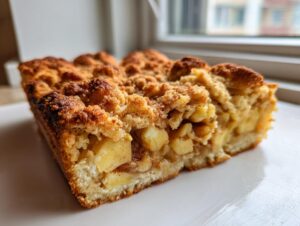 A thick slice of apple pie bars showing chunks of spiced apple filling and a golden brown, cinnamon-dusted crumble topping.