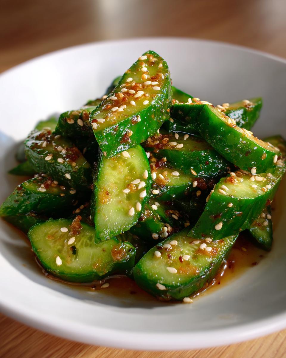 Close-up of vibrant green, smashed cucumber pieces coated in a savory dressing and topped with white sesame seeds, served as an asian cucumber salad.
