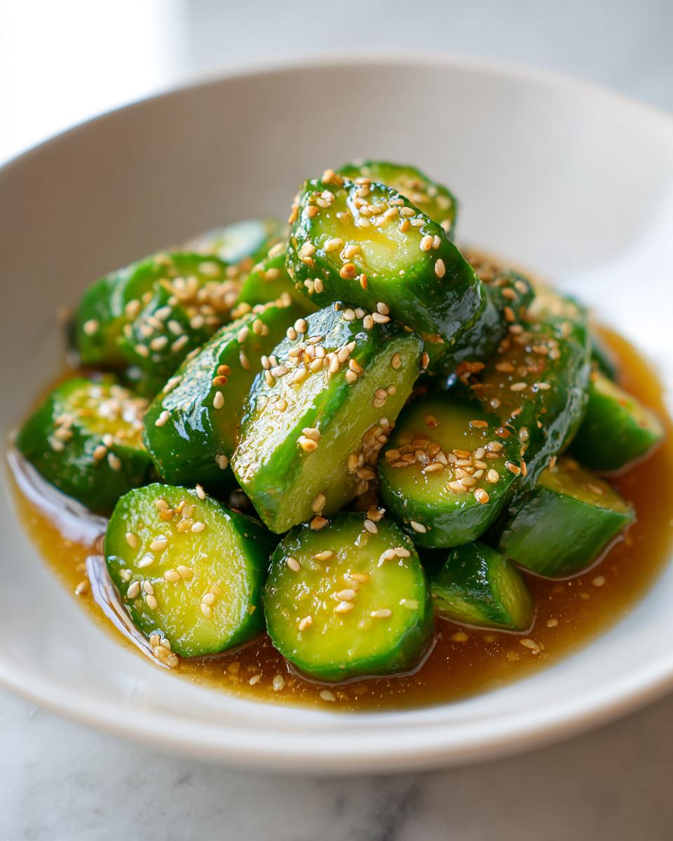 Close-up of vibrant green, sliced cucumbers coated in a savory dressing and topped with toasted sesame seeds, part of an asian cucumber salad.