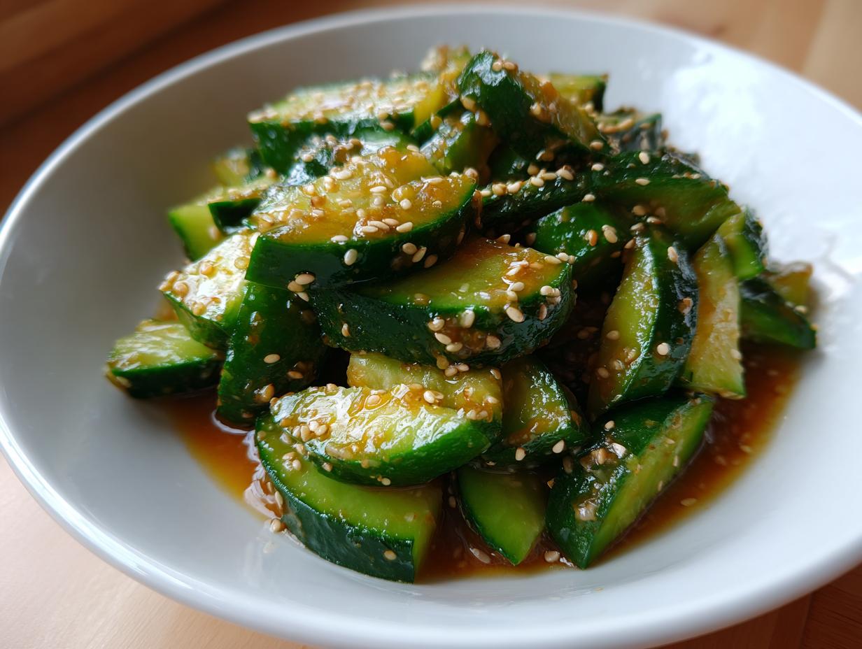 Close-up of vibrant green, smashed cucumber pieces coated in a savory dressing and topped with toasted sesame seeds in an asian cucumber salad.