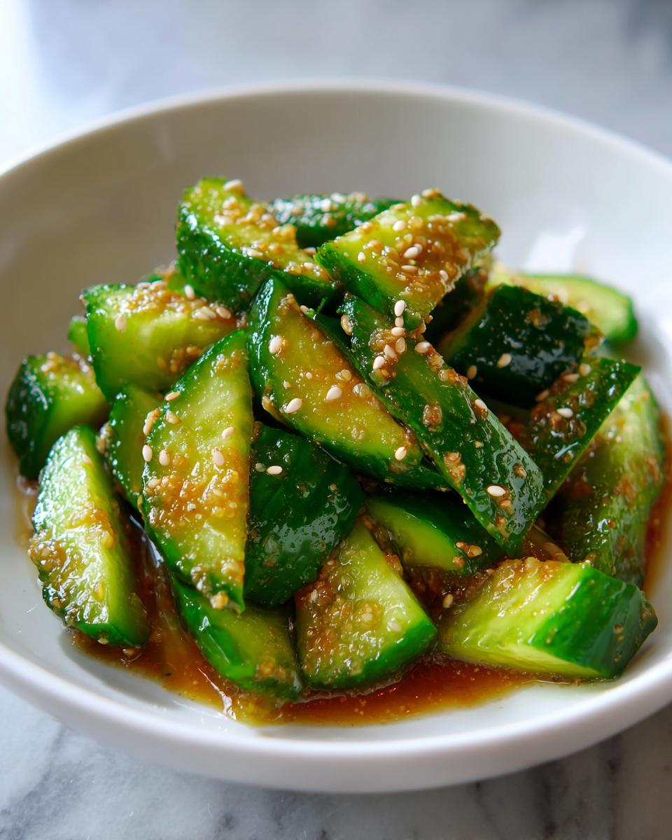 Close-up of vibrant green, smashed cucumber pieces coated in a savory dressing and topped with white sesame seeds, ready to serve as asian cucumber salad.