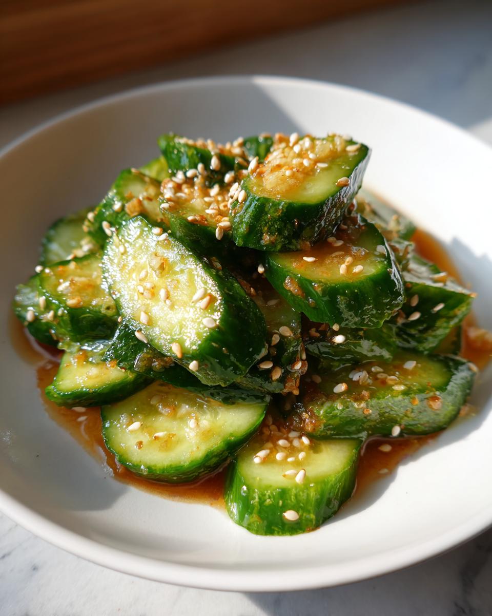 Close-up of sliced cucumbers coated in a savory dressing and topped with white sesame seeds for an asian cucumber salad.