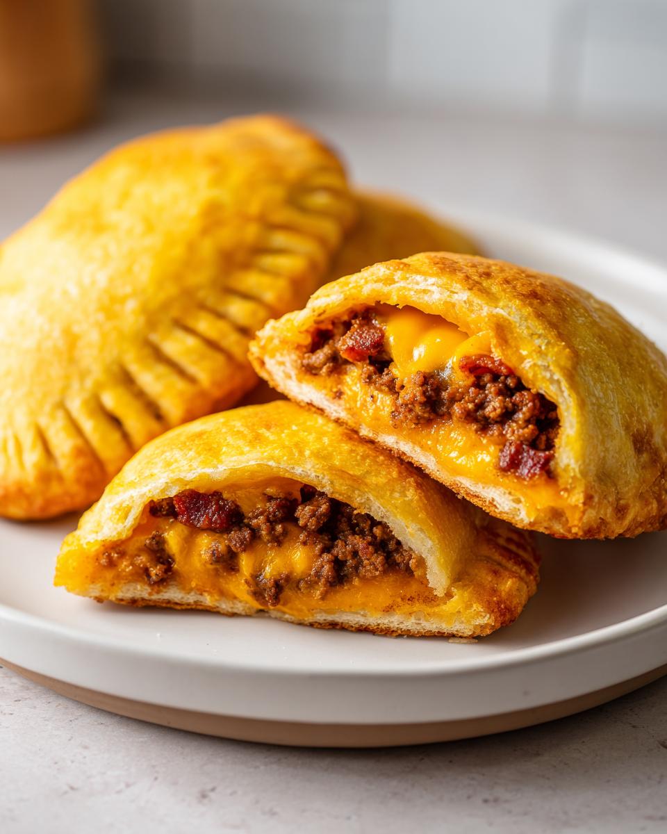 A bacon cheeseburger pocket cut in half showing ground beef, melted cheese, and bacon filling.