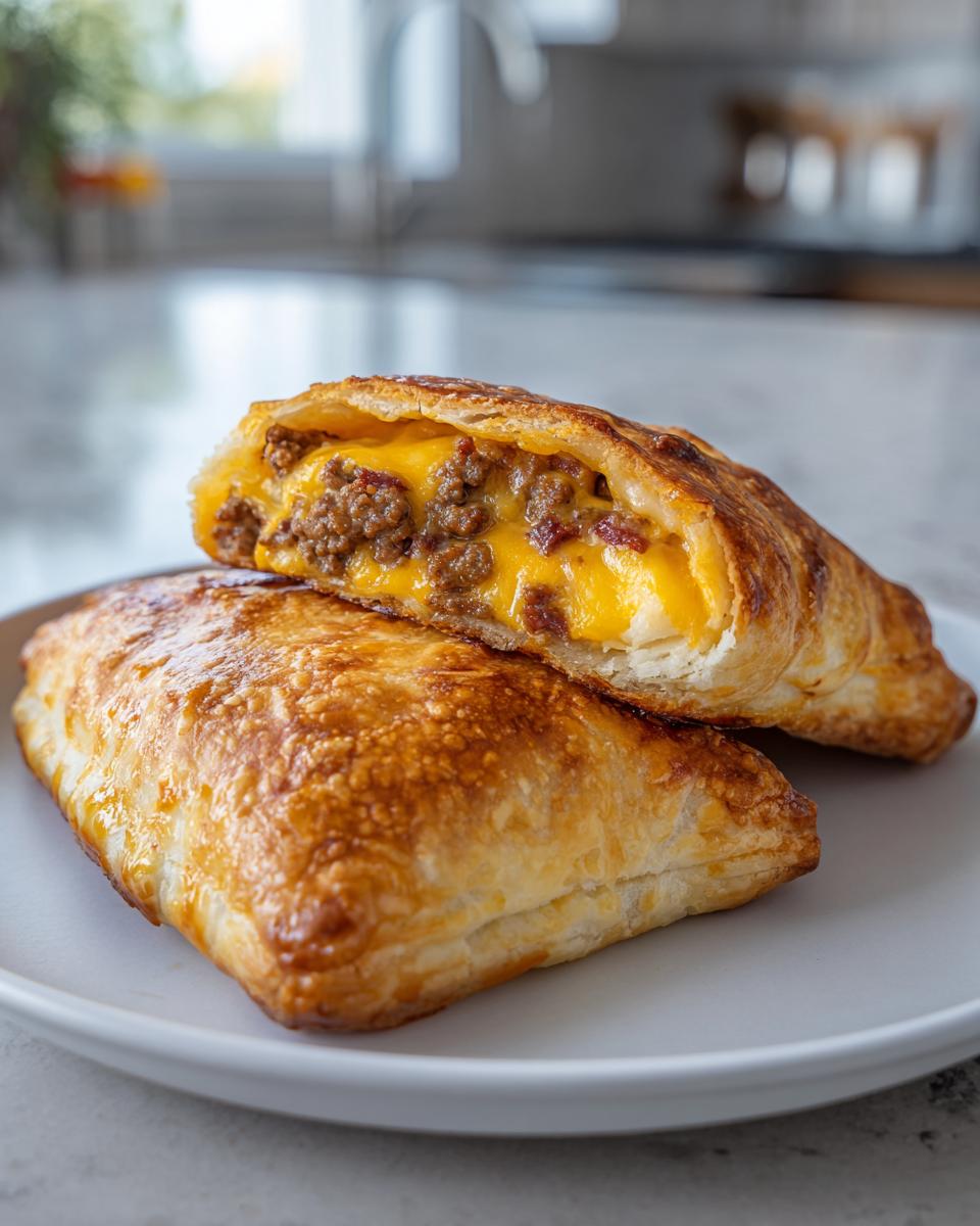 Two golden, flaky bacon cheeseburger pockets stacked, one cut open revealing ground beef and melted cheese filling.