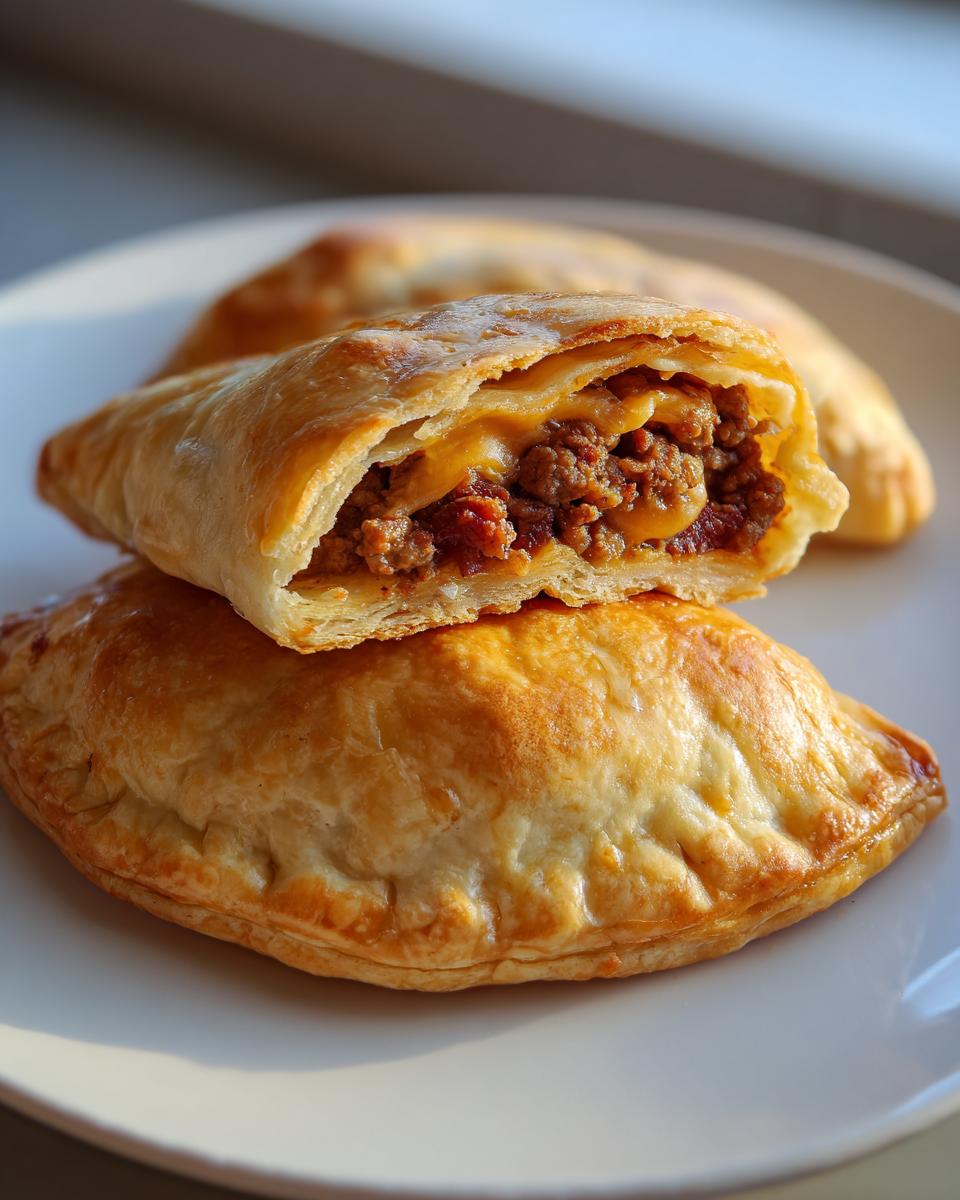 Close-up of bacon cheeseburger pockets, one cut in half showing ground meat and melted cheese filling.