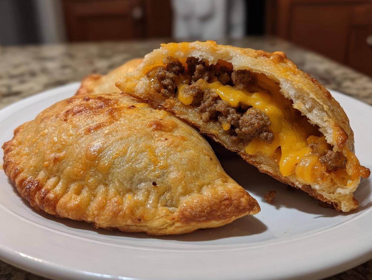 Two golden-brown bacon cheeseburger pockets on a white plate; one is cut open showing ground beef and melted cheddar cheese filling.