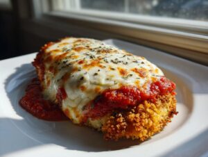 A perfectly baked chicken parmesan recipe serving, topped with melted mozzarella and marinara sauce.