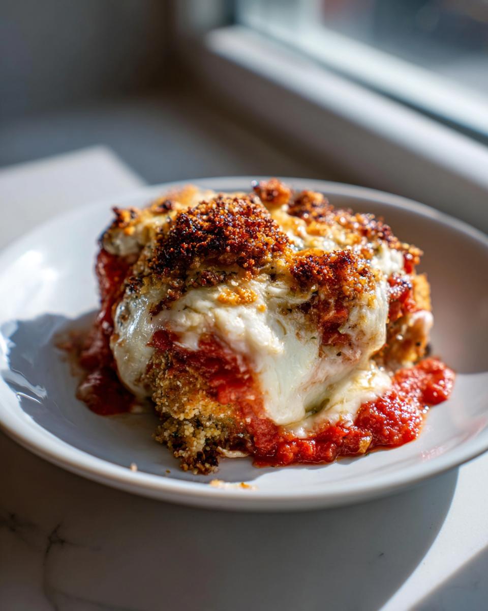 A close-up of a serving of baked chicken parmesan recipe easy baked, covered in melted mozzarella and marinara sauce.