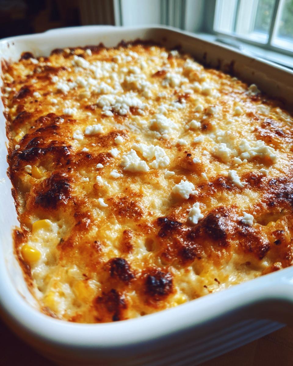 Close-up of a bubbly, baked corn elote dip topped with crumbled white cheese in a white baking dish.