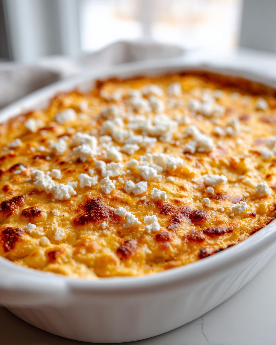 Close-up of a baked corn elote dip in a white dish, featuring a golden-brown, cheesy top sprinkled with white cotija cheese.
