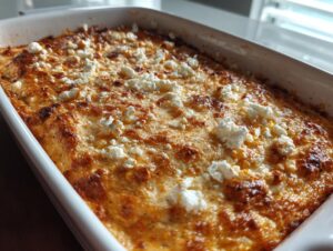 Close-up of baked corn elote dip with a golden-brown, cheesy top sprinkled with white cotija cheese.