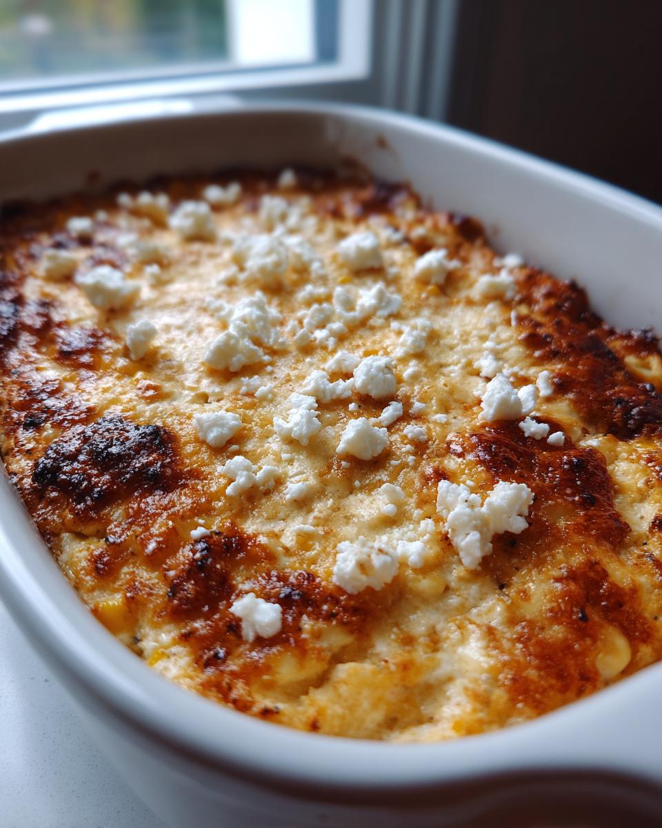 Close-up of a baked corn elote dip, golden brown and topped with crumbled white cheese.