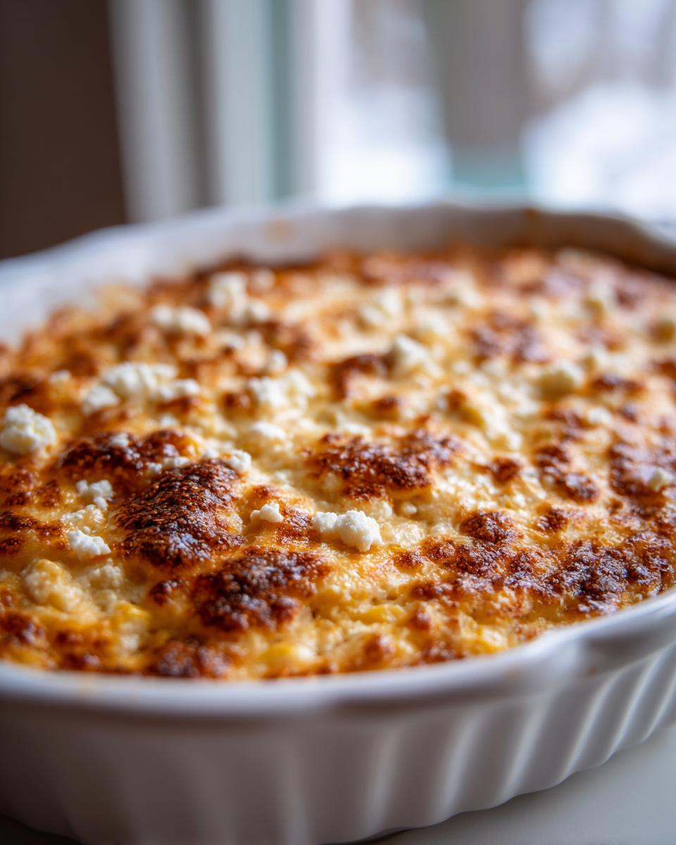 Close-up of a freshly baked corn elote dip with a golden-brown, bubbly top and crumbled white cheese.