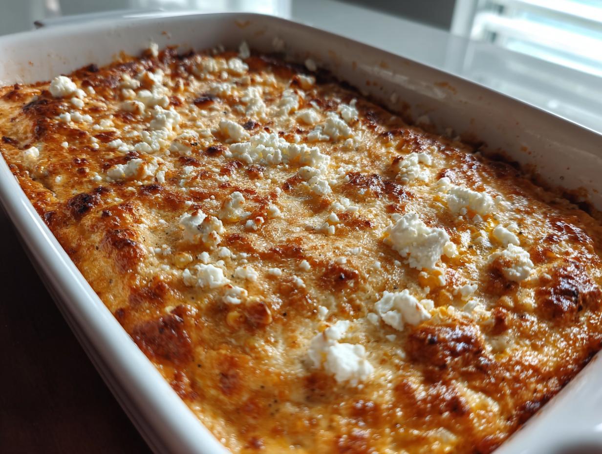 Close-up of baked corn elote dip with a golden-brown, cheesy top sprinkled with white cotija cheese.