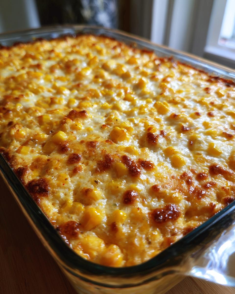 Close-up of a bubbling, golden-brown baked elote dip topped with melted cheese and corn kernels.