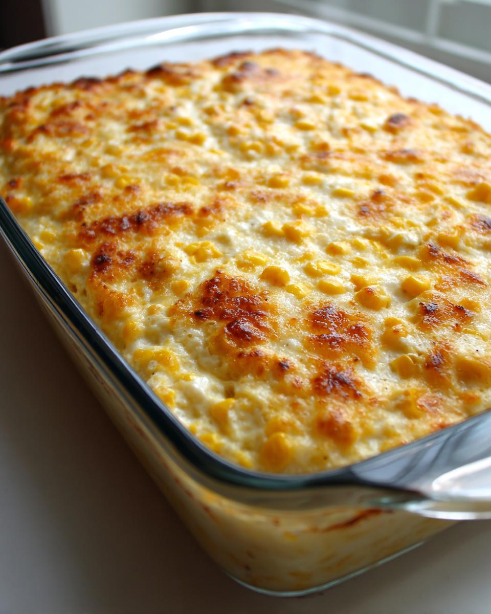 Close-up of a creamy, cheesy baked elote dip with golden brown spots in a clear glass baking dish.