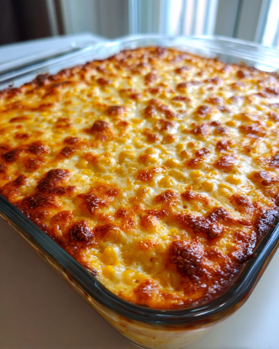 Close-up of a bubbling, cheesy baked elote dip with a perfectly browned crust in a glass baking dish.