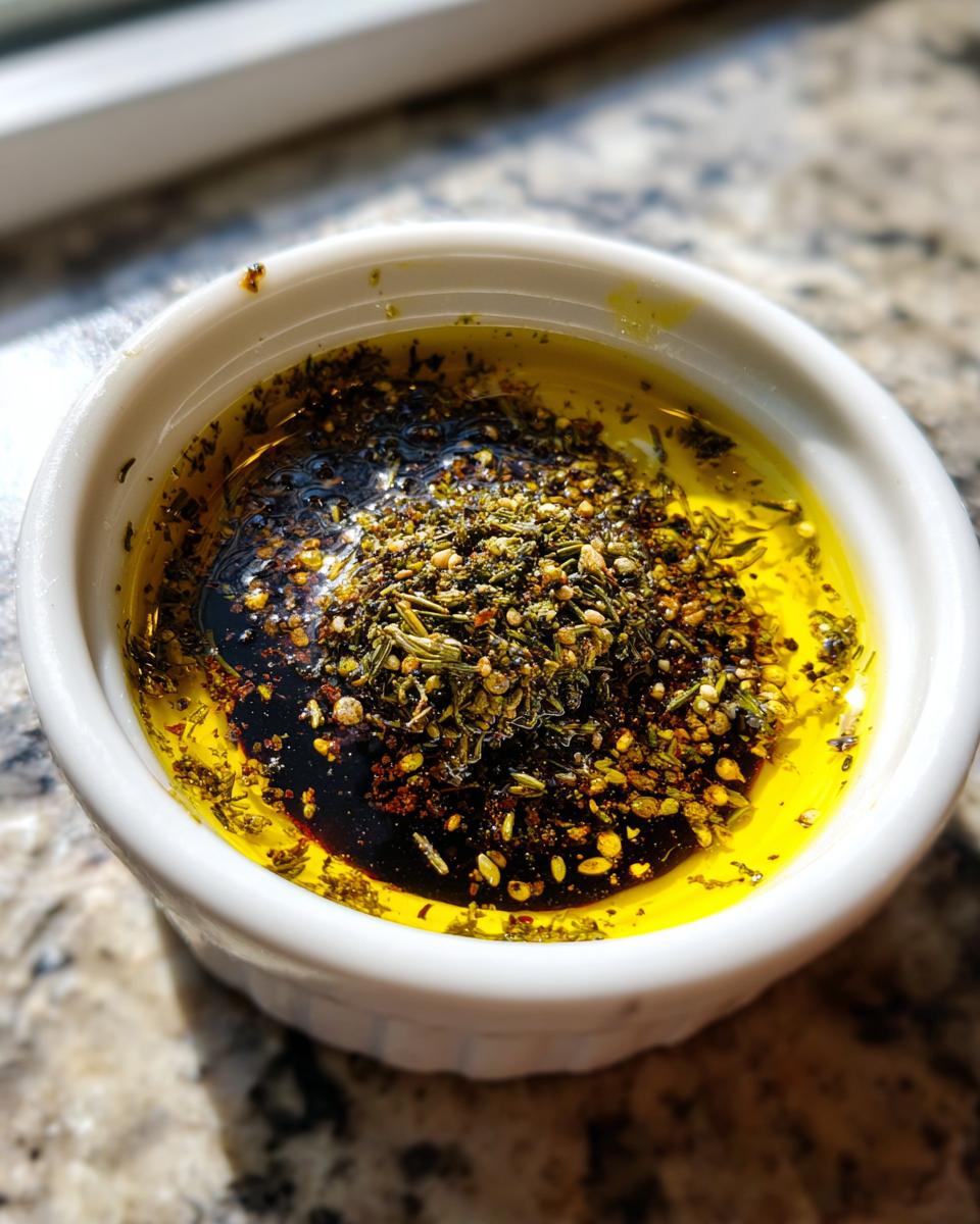Close-up of balsamic and olive oil bread dip with herbs and spices piled in the center.