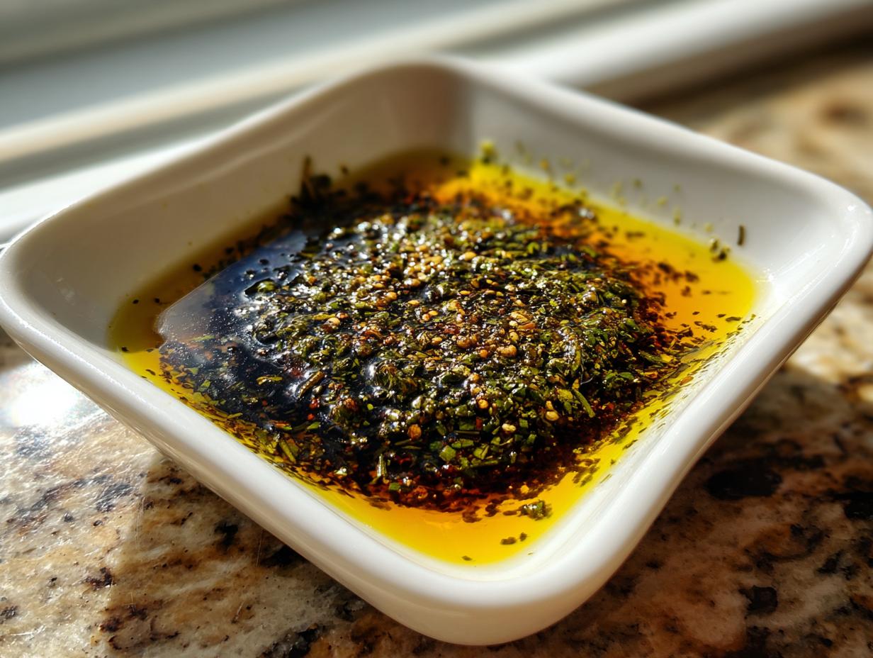 Close-up of balsamic and olive oil bread dip with herbs and seeds in a white square dish.