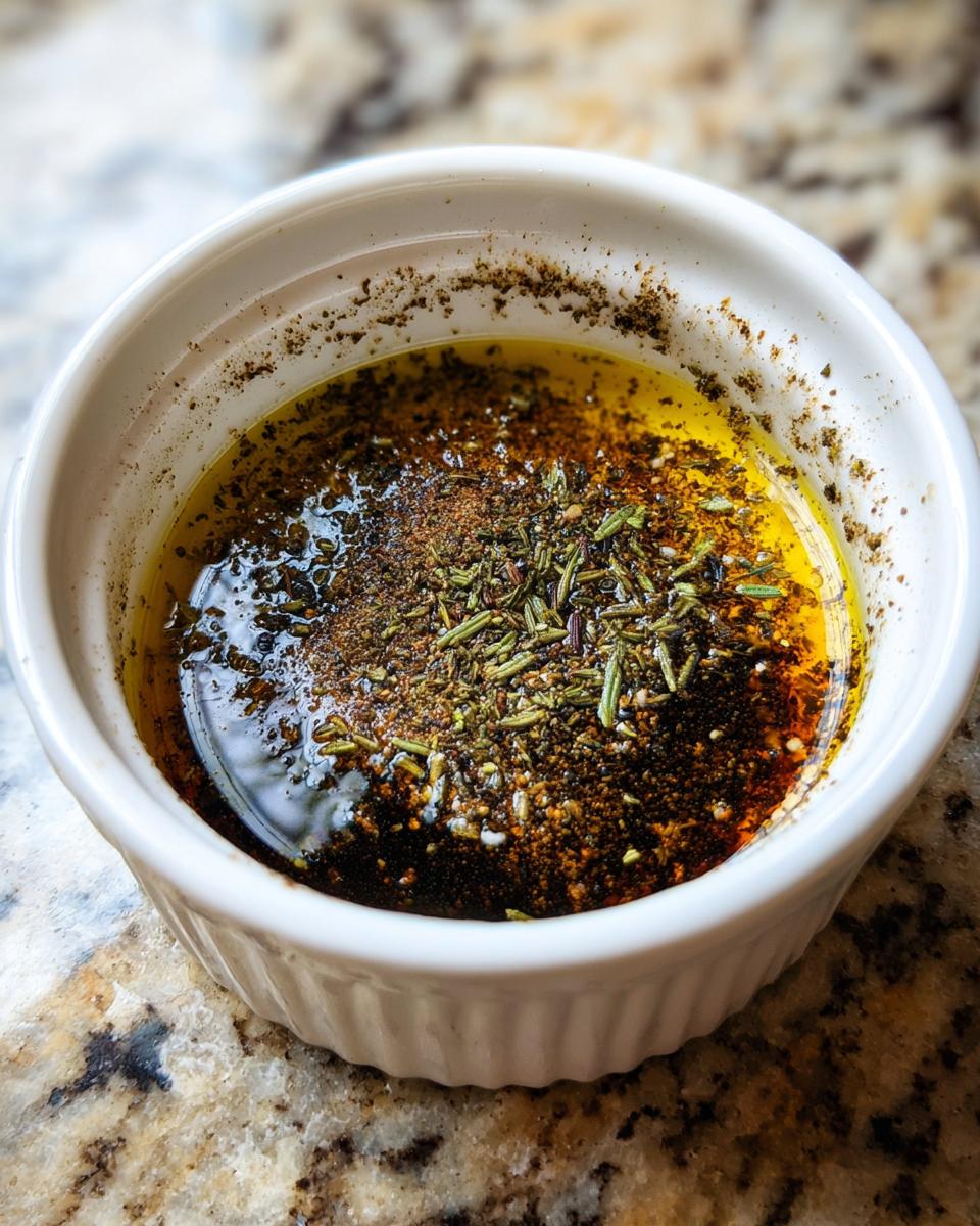 Close-up of balsamic vinegar, olive oil, and herbs ready to be mixed for balsamic and olive oil bread dip.