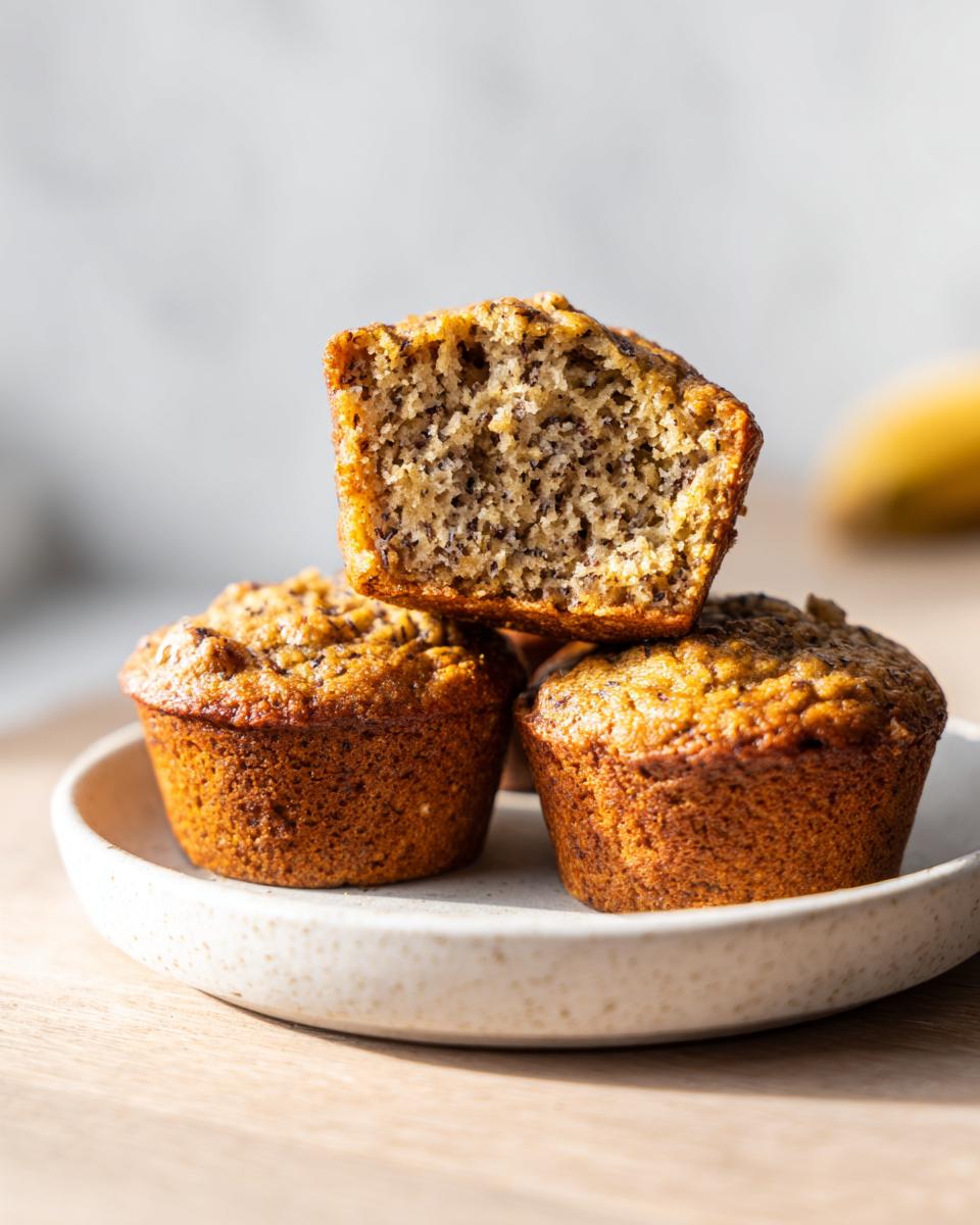 A stack of three golden brown protein muffins, one cut in half showing the speckled interior texture.