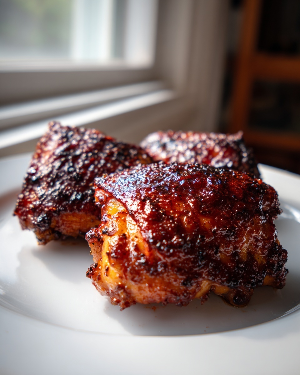 Three pieces of richly glazed and caramelized bbq chicken thighs resting on a white plate.