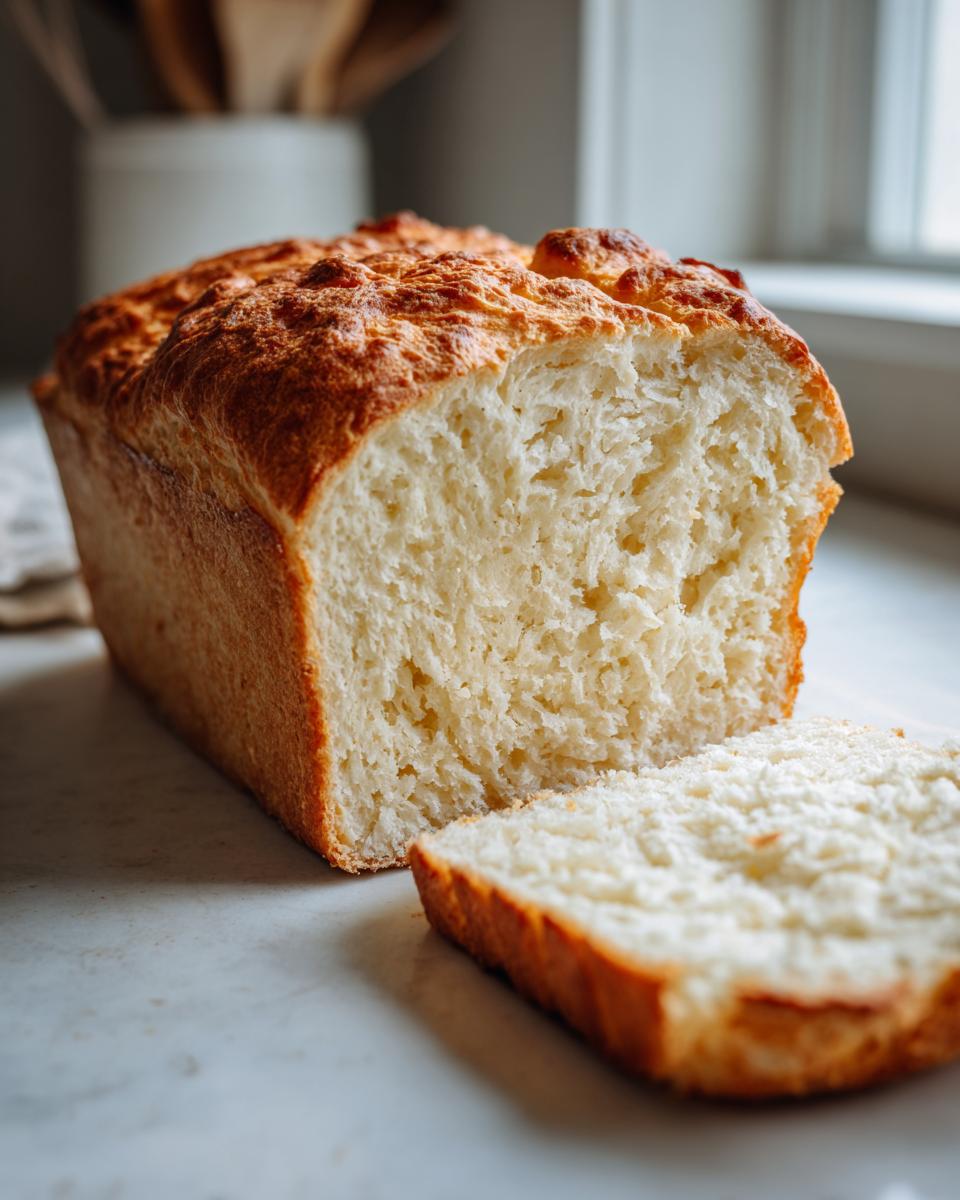 A freshly baked loaf of beer bread, sliced to show the soft, white interior and golden crust.