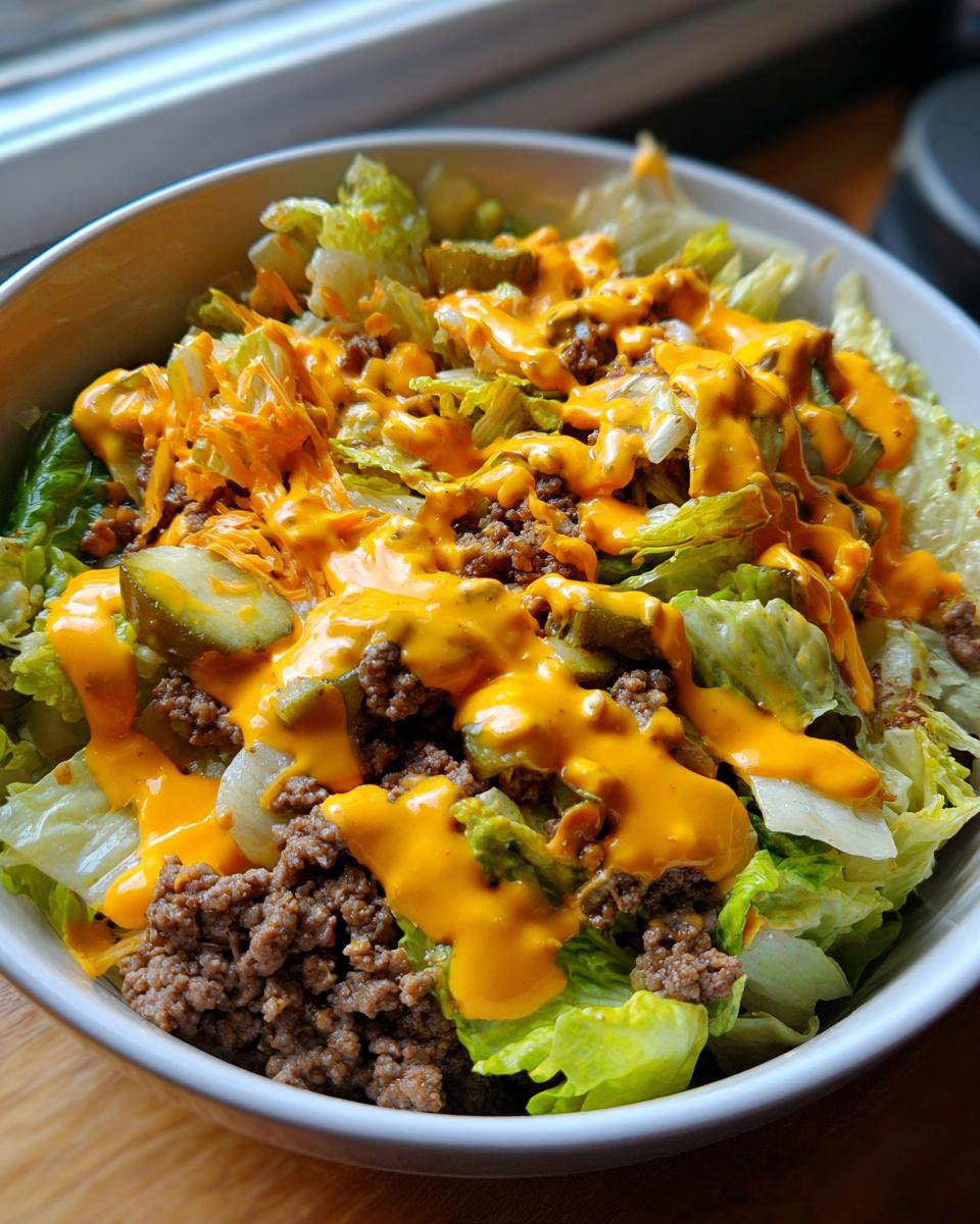 Close-up of a big mac salad featuring ground beef, lettuce, pickles, and bright orange special sauce.