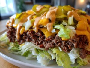 Close-up of a big mac salad featuring ground beef, melted cheese, pickles, and special sauce over shredded lettuce.