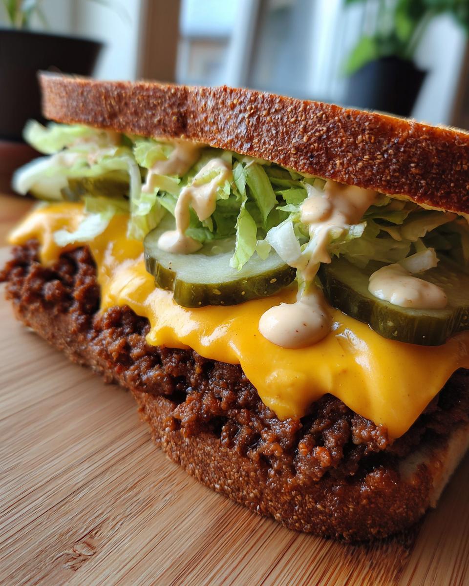 Close-up of a sandwich featuring ground meat, melted cheese, pickles, lettuce, and sauce on whole grain bread, inspired by big mac salad.