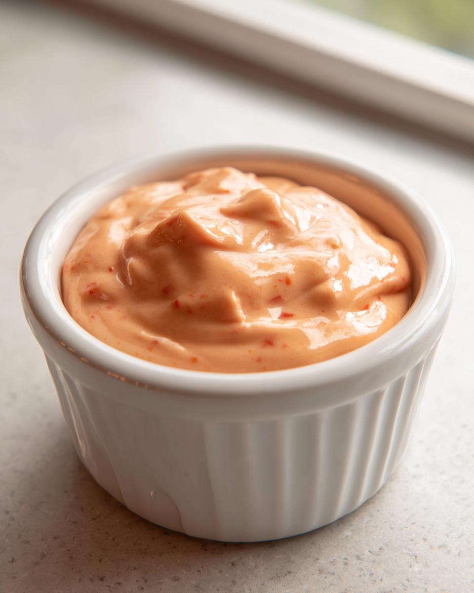 Close-up of creamy, orange-pink big mac sauce recipe copycat with visible relish flecks in a white ramekin.
